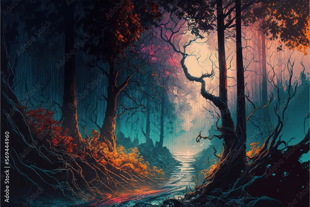 Enchanted Fantasy Forest River Background, Concept Art, Digital Illustration, Generative AI