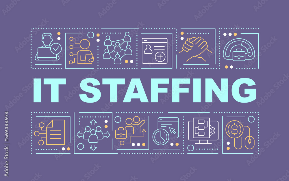 Naklejka premium IT staffing word concepts purple banner. Recruitment. Infographics with editable icons on color background. Isolated typography. Vector illustration with text. Arial-Black font used