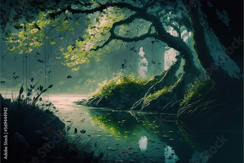 Enchanted Fantasy Forest Pond Background  Concept Art  Digital Illustration  Generative AI