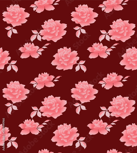 Japanese Classic Pink Rose Vector Seamless Pattern