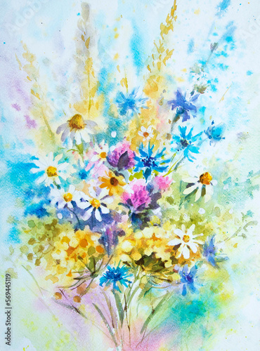 Abstract colorful flowers watercolor painting. Spring multicolored in natureflowers bouquet. photo
