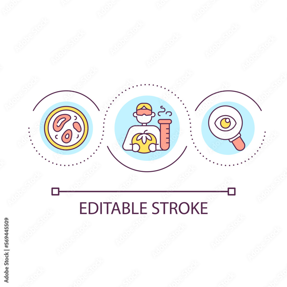 Lab testing of food loop concept icon. Analysing nutritious products. Hazards seeking abstract idea thin line illustration. Isolated outline drawing. Editable stroke. Arial font used