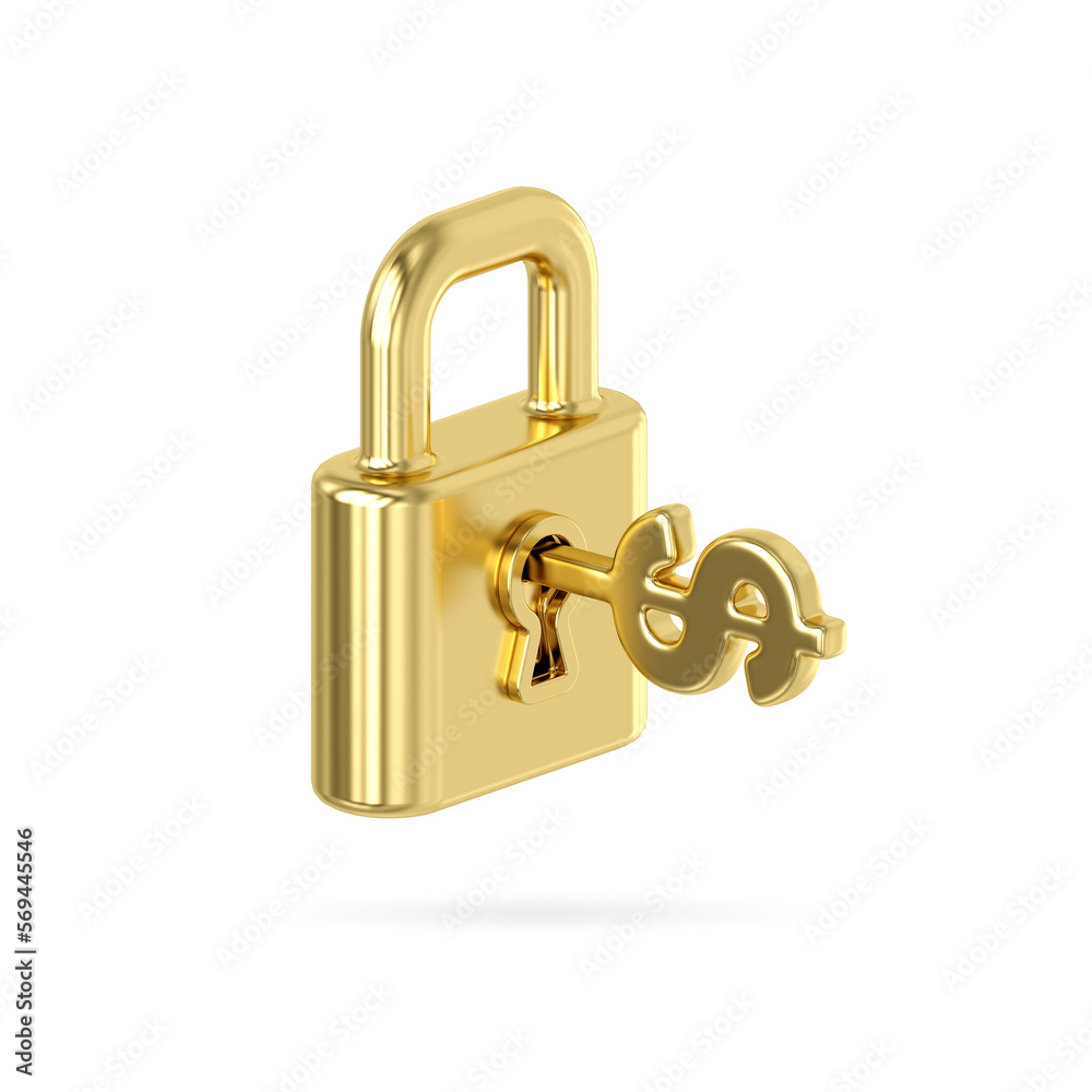 Gold metal locked padlock icon. Golden key with a dollar sign inserted in a keyhole isolate on white background. Concept money is the key to everything. gold opens the door, 3d rendering