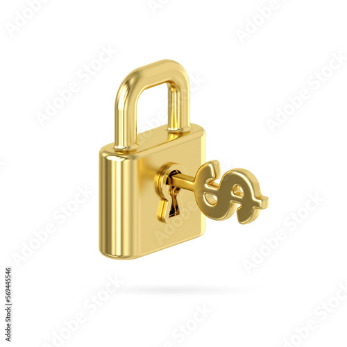 Obraz na płótnie Gold metal locked padlock icon. Golden key with a dollar sign inserted in a keyhole isolate on white background. Concept money is the key to everything. gold opens the door, 3d rendering w salonie