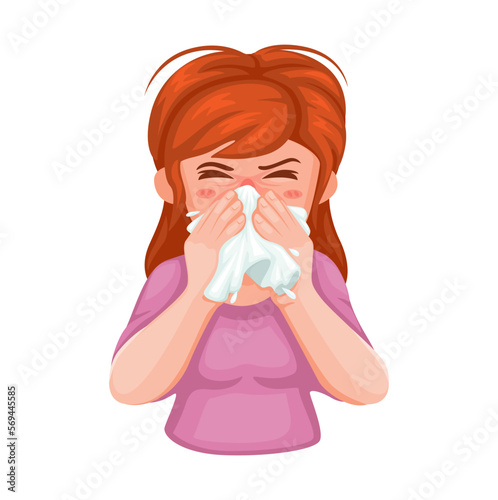 Girl sneezing and sick influenza cartoon illustration vector