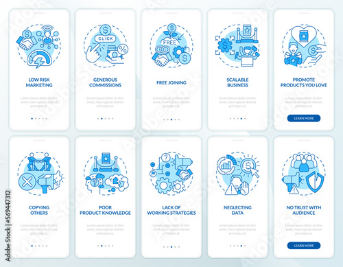 Affiliate marketer work blue onboarding mobile app screens set. Walkthrough 5 steps editable graphic instructions with linear concepts. UI, UX, GUI template. Myriad Pro-Bold, Regular fonts used