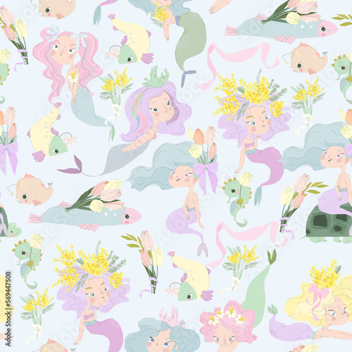 Seamless Pattern with Cute Mermaids and Spring Flowers