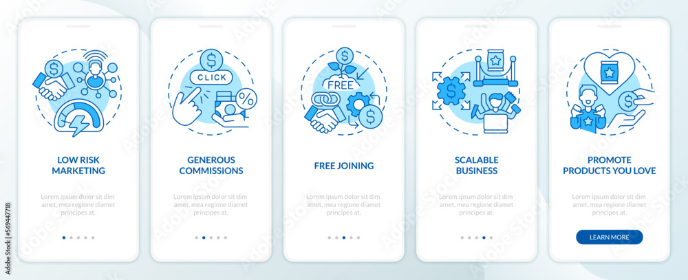 Affiliate marketer benefits blue onboarding mobile app screen. Walkthrough 5 steps editable graphic instructions with linear concepts. UI, UX, GUI template. Myriad Pro-Bold, Regular fonts used