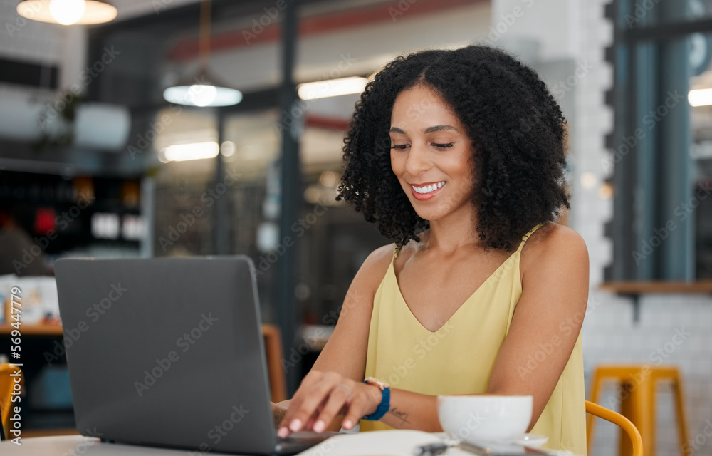Black woman, laptop and remote work in cafe for planning freelance research in restaurant. Happy female, coffee shop and computer email technology on internet, blogging and social networking online Black woman, laptop and remote work in cafe for planning freelance research in restaurant. Happy female, coffee shop and computer email technology on internet, blogging and social networking online