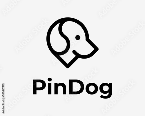 Cute Puppy Dog Canine Head Face with Pin Map Location Tag Line Art Minimalist Vector Logo Design