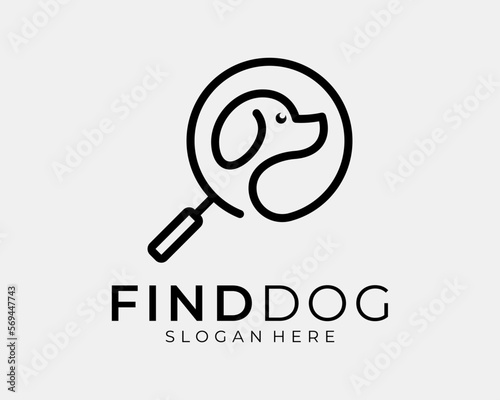 Cute Puppy Dog Head Face with Magnifying Glass Find Search Line Art Linear Simple Vector Logo Design