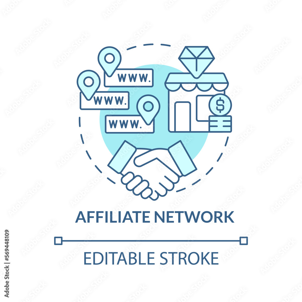 Affiliate network turquoise concept icon. Party in performance marketing abstract idea thin line illustration. Isolated outline drawing. Editable stroke. Arial, Myriad Pro-Bold fonts used Affiliate network turquoise concept icon. Party in performance marketing abstract idea thin line illustration. Isolated outline drawing. Editable stroke. Arial, Myriad Pro-Bold fonts used