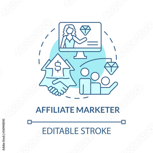Affiliate marketer turquoise concept icon. Party in performance marketing abstract idea thin line illustration. Isolated outline drawing. Editable stroke. Arial, Myriad Pro-Bold fonts used