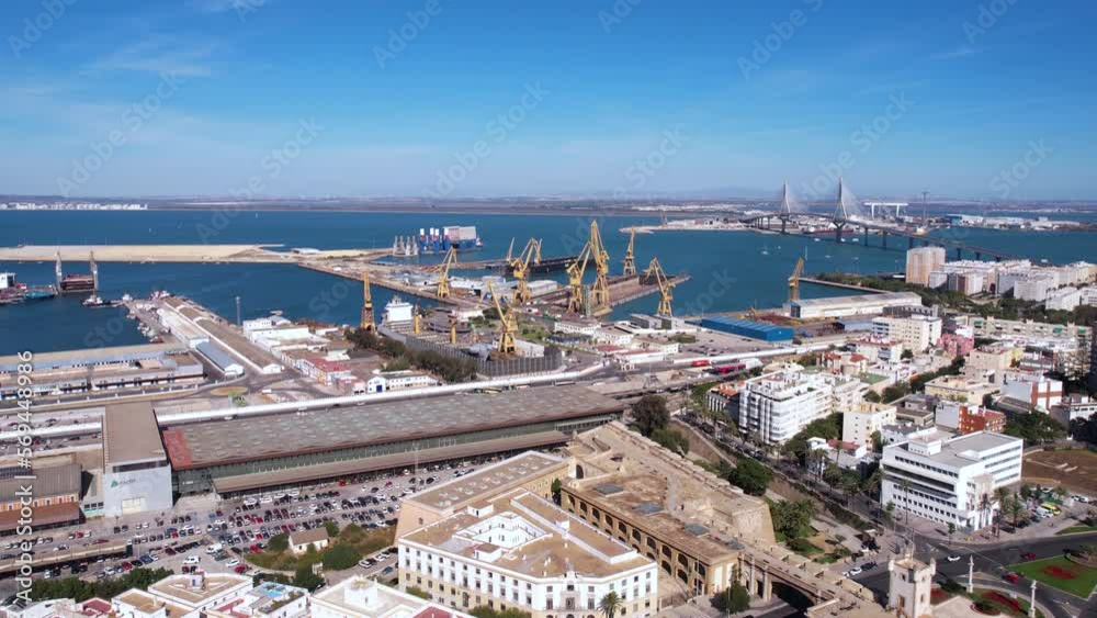 Cadiz, Spain. Aerial View of Portigos Cargo Port, Train Station and Traffic, Drone Shot Cadiz, Spain. Aerial View of Portigos Cargo Port, Train Station and Traffic, Drone Shot