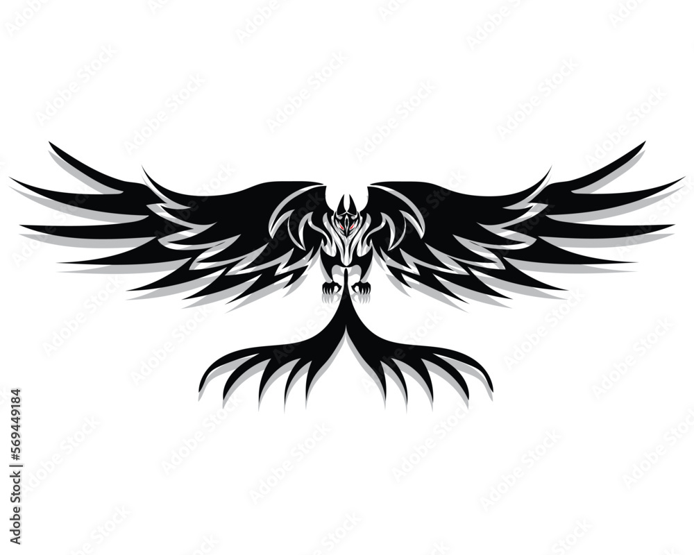 Obraz premium vector design of a black and white symbol or tattoo a flying creature in the shape of a red-eyed bird flapping its wings and its tail between its legs and claws