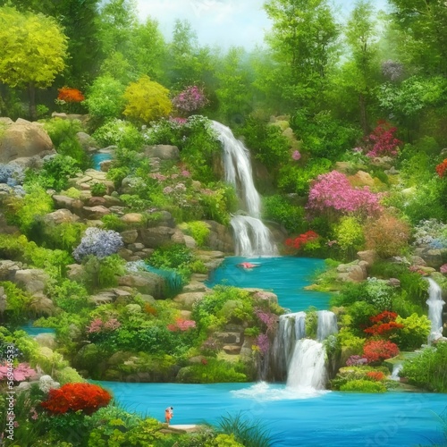 Oil painting of a waterfall in the park, AI Generated  © Art-76