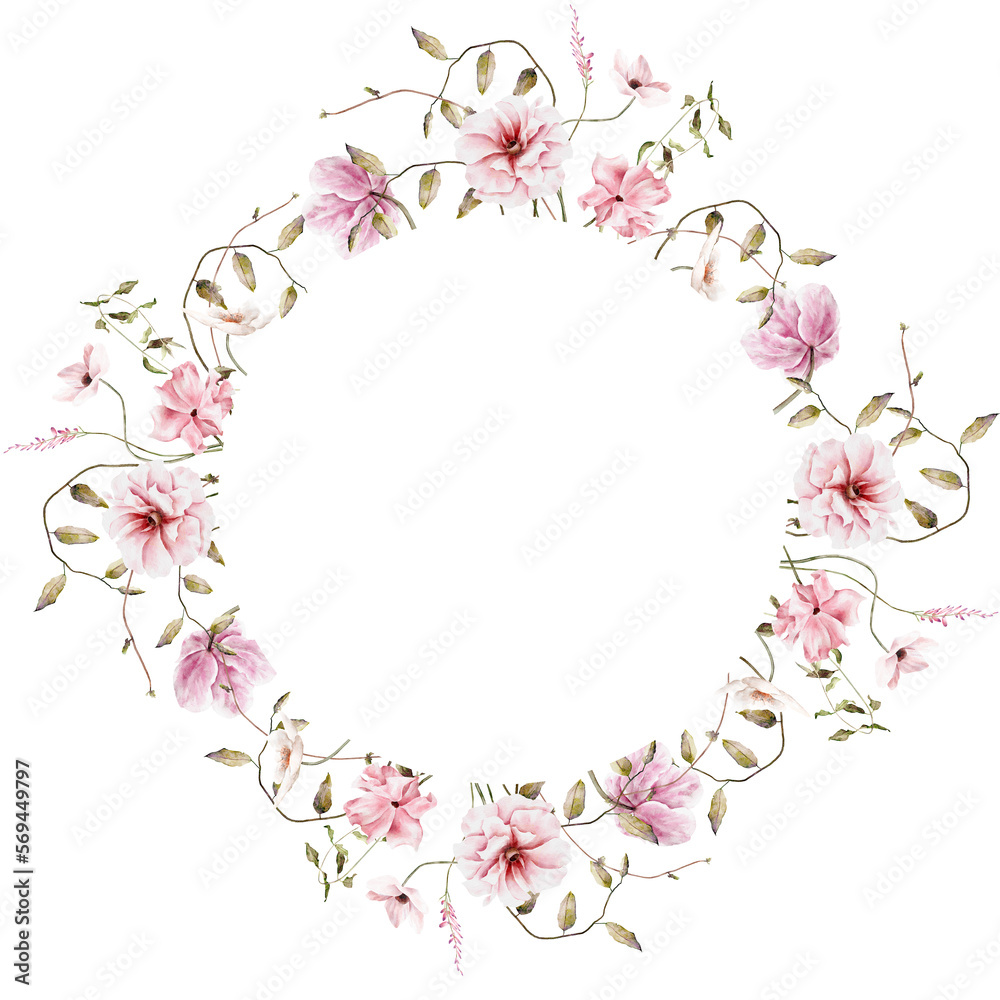 Hand drawn watercolor pink floral frame. Elegant delicate illustration for poster, invitation, postcard, background and wedding invitation templates