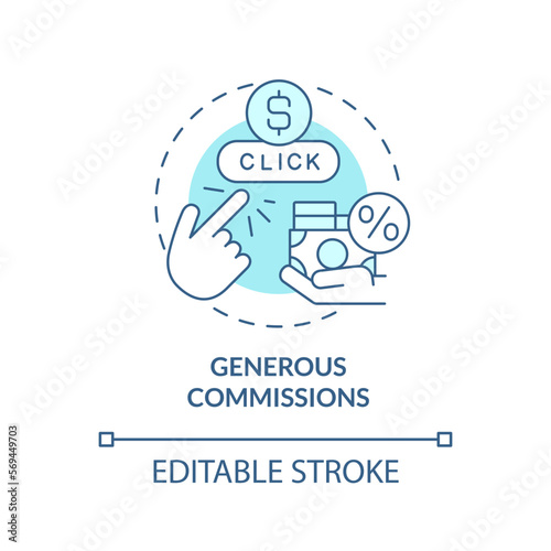 Generous commissions turquoise concept icon. Affiliate marketer benefit abstract idea thin line illustration. Isolated outline drawing. Editable stroke. Arial, Myriad Pro-Bold fonts used