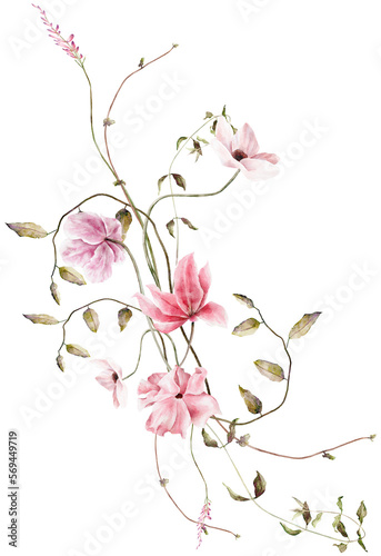 Hand drawn watercolor pink floral bouquet. Elegant delicate illustration for poster, invitation, postcard, background and wedding invitation templates
