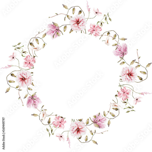 Hand drawn watercolor pink floral frame. Elegant delicate illustration for poster, invitation, postcard, background and wedding invitation templates © lyubov1148