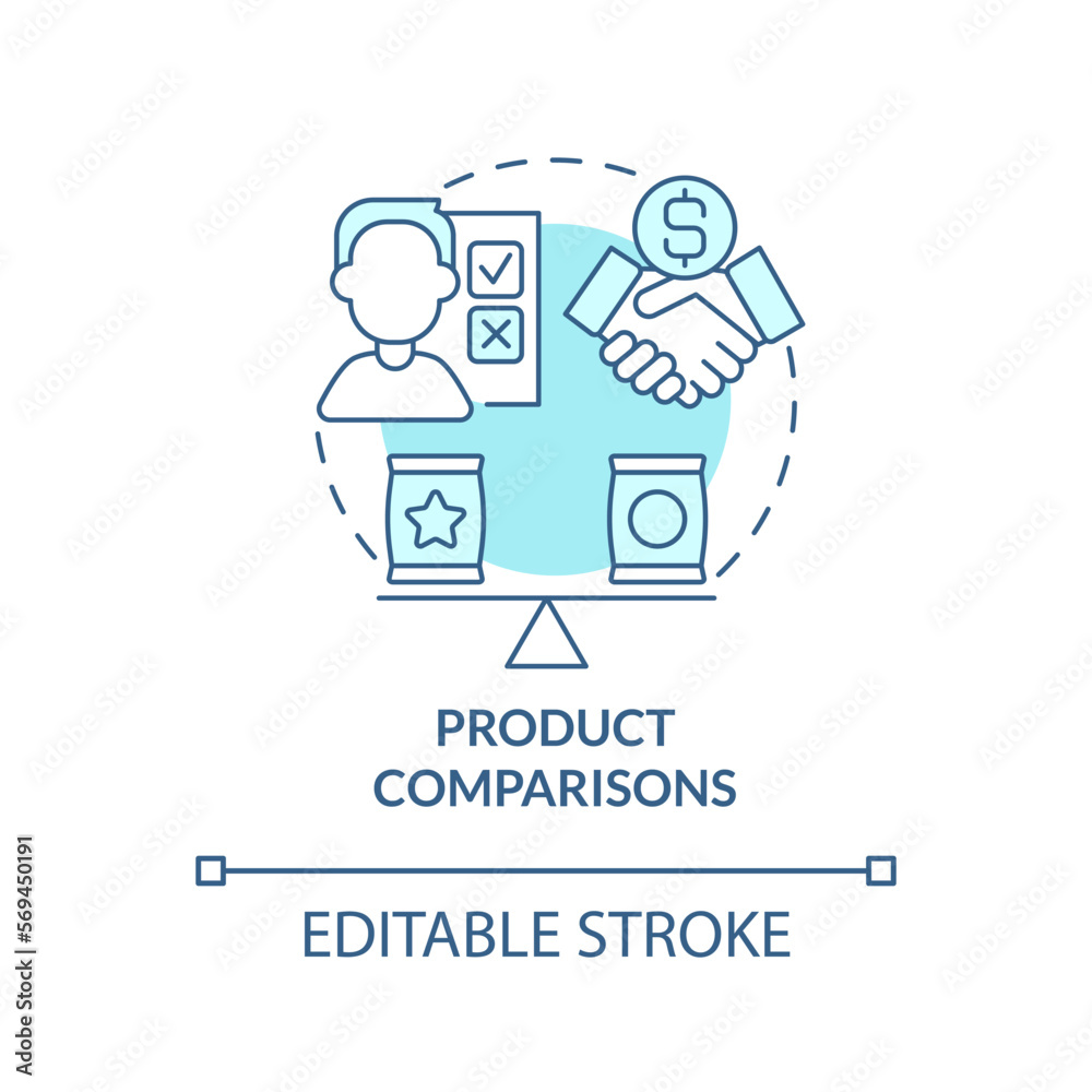 Product comparisons turquoise concept icon. Content for affiliate website abstract idea thin line illustration. Isolated outline drawing. Editable stroke. Arial, Myriad Pro-Bold fonts used Product comparisons turquoise concept icon. Content for affiliate website abstract idea thin line illustration. Isolated outline drawing. Editable stroke. Arial, Myriad Pro-Bold fonts used