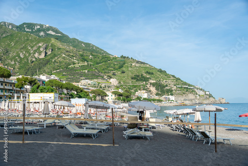 Beach Chairs and Umbrellas on The Maiori Beach, Amalfi Coast, Campania, Italy