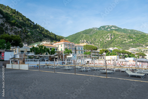 Beach Chairs and Umbrellas on The Maiori Beach, Amalfi Coast, Campania, Italy