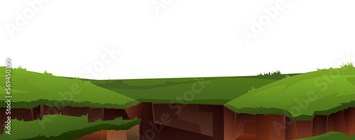 Break into abyss. Crack in ground. Soil burst into grass meadow. Isolated on white background. Cartoon style illustration. Vector.