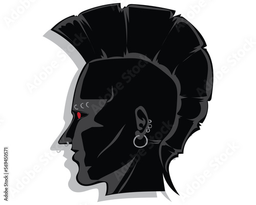 black and white silhouette vector design of a side view of a punk boy with red eyes with a distinctive hairstyle widened up and several earrings on his nose and ears and eyebrows