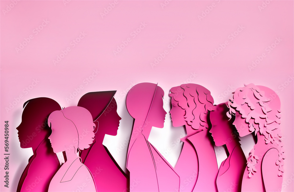 Feminism, gender equality, girls silhouette, paper art on a pink background. Generative AI