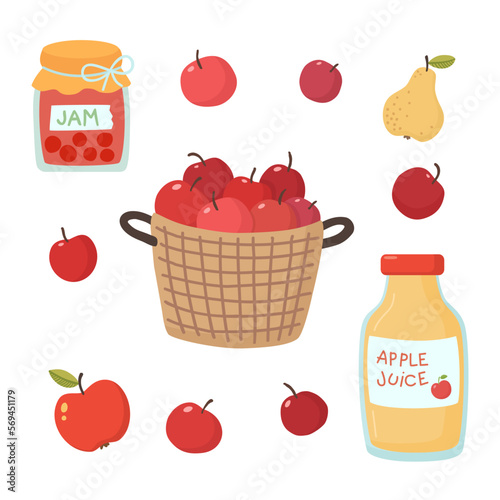 Apple harvest. Apples in the basket, jam, juicy. Cartoon flat vector illustration.
