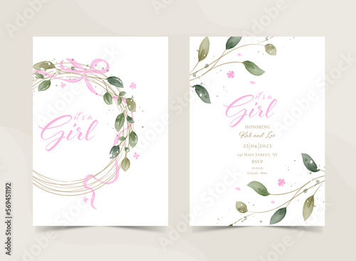 It`s a girl, baby shower announcement banner in rustic style, card - Gender reveal party - Vector illustration. Greenery Watercolor Floral template card design.