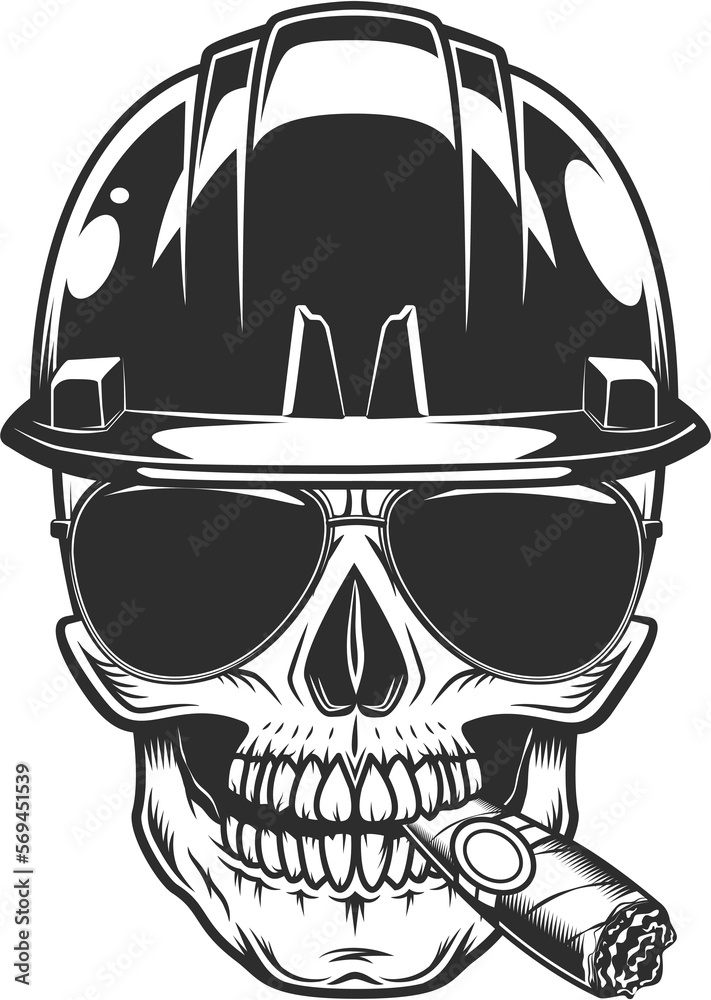 Skull in helmet hardhat builder construction concept smoking cigar or cigarette smoke with sunglasses accessory vintage isolated illustration
