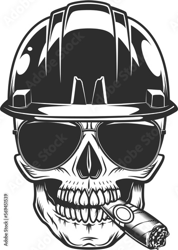 Skull in helmet hardhat builder construction concept smoking cigar or cigarette smoke with sunglasses accessory vintage isolated illustration