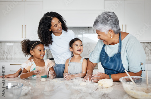 Quadro su tela Cooking dough, learning and family with kids in kitchen baking dessert or pastry