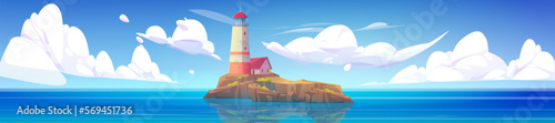 Cartoon vector sea landscape background with lighthouse on island. Illustration with house on rocky coast in ocean. Beacon and building on harbor. Beautiful panoramic seascape.