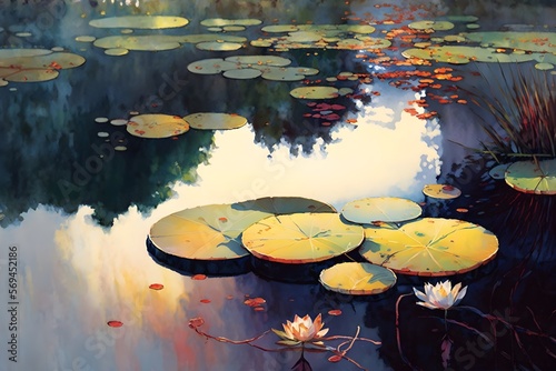 Murais de parede A colorful watercolor illustration of a tranquil lake with a glassy surface and lily pads