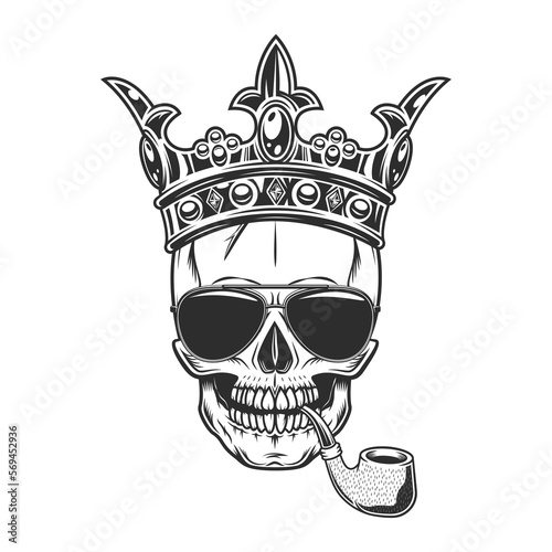 Skull smoking pipe in royal crown concept with sunglasses accessory to protect eyes from bright sun isolated vintage vector illustration