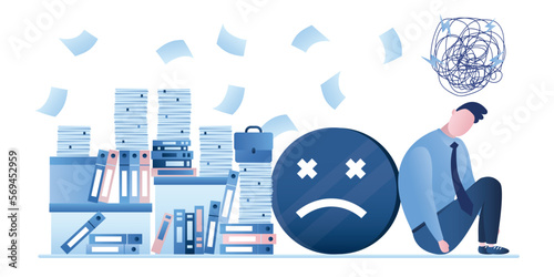 Bad mood and negative emotions from paperwork. Corporate slavery. Stress and depression from overwork or too many responsibilities, toxic work environment, job burnout concept.