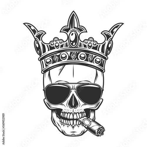 Vintage scary skull smoking cigar or cigarette smoke in royal crown concept with sunglasses accessory to protect eyes from bright sun isolated vector illustration