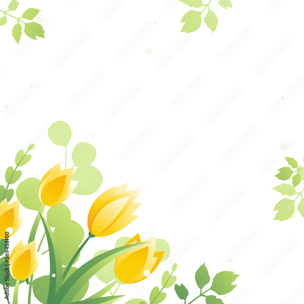 Green spring square frame with yellow tulips and leaves. illustration ...