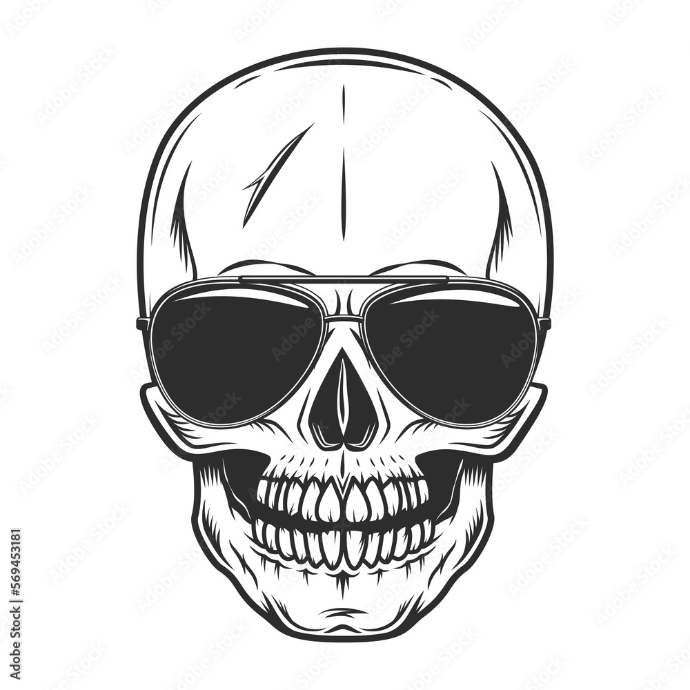 Vintage scary skull concept with black eyes with sunglasses accessory to protect eyes from bright sun isolated vector illustration