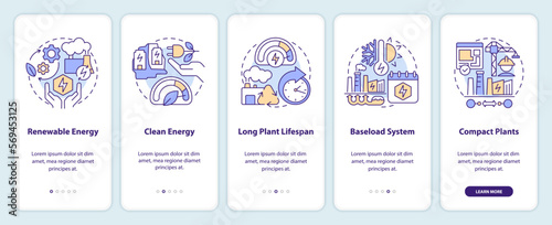 Using geothermal energy advantages onboarding mobile app screen. Walkthrough 5 steps editable graphic instructions with linear concepts. UI, UX, GUI template. Myriad Pro-Bold, Regular fonts used