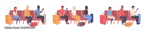 Passengers sitting in airport chairs semi flat color vector characters set. Editable figures. Full body people on white. Simple cartoon style illustration pack for web graphic design and animation