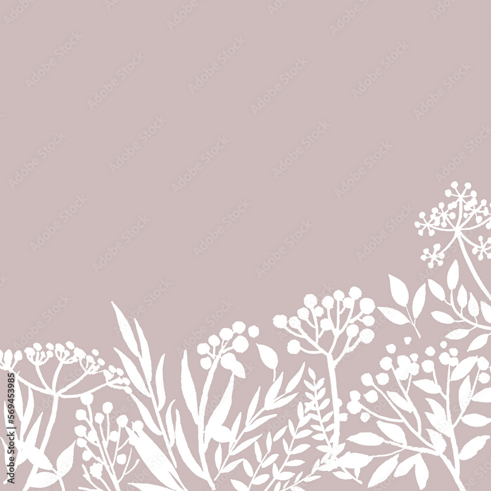 Floristic card flowers and twigs. Hand drawn illustration. White painting of flowers and twigs on beige background. Floristic card flowers and twigs. Hand drawn illustration. White painting of flowers and twigs on beige background.