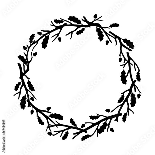 Wreath of oak branches with leaves and acorns