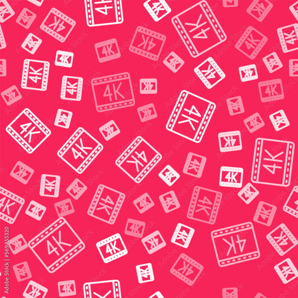 White line 4k movie, tape, frame icon isolated seamless pattern on red background. Vector White line 4k movie, tape, frame icon isolated seamless pattern on red background. Vector