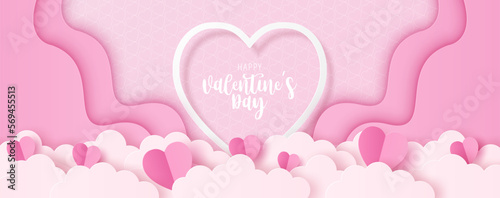 Paper cut of Happy Valentine's Day text on white heart with origami paper heart shape on pastel color background for greeting card, banner, poster, headers website.