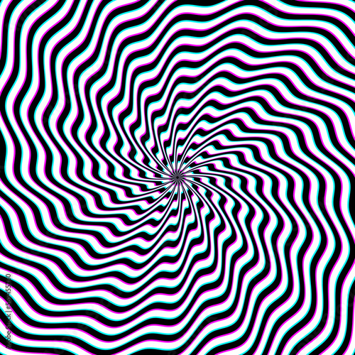 Optical art circle of white black and cyan magenta wavy striped spiral pattern. Psychedelic background design.