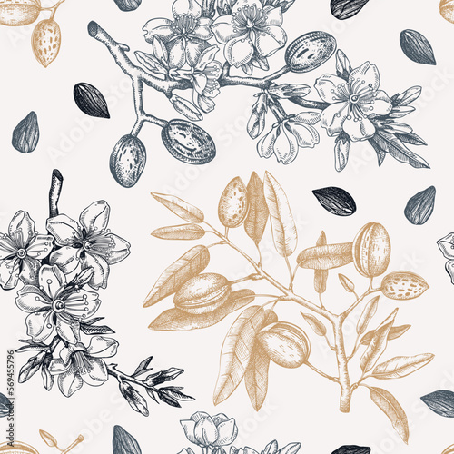 Almond branches vintage background design. Blooming tree twigs with nuts, flowers, leaves backdrop. Floral spring garden background. Botanical vector illustration for packaging, wrapping, prints